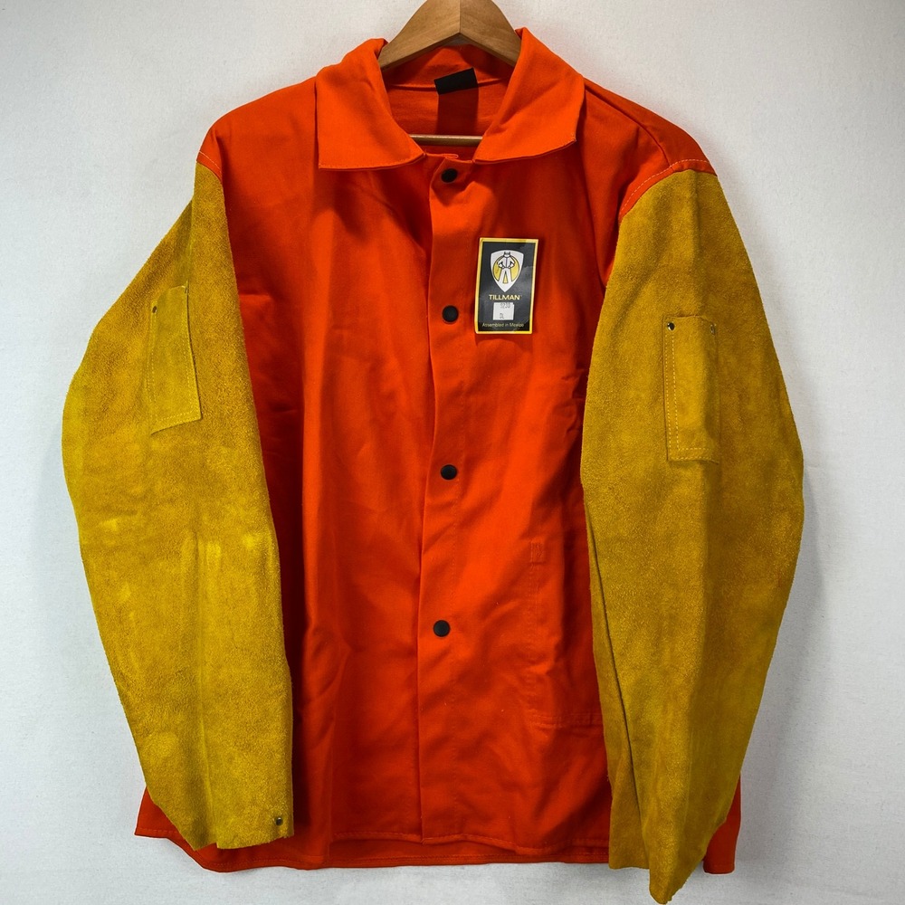 Tillman 9230 Welding Jacket Men Large Orange Gold Leather Sleeve Flame Resistant